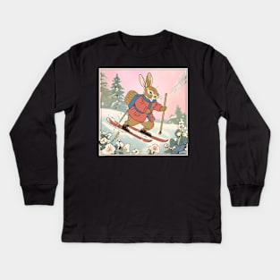 Funny Skiing Lover Skiing Rabbit Going on a Ski Holiday in Snow Kids Long Sleeve T-Shirt